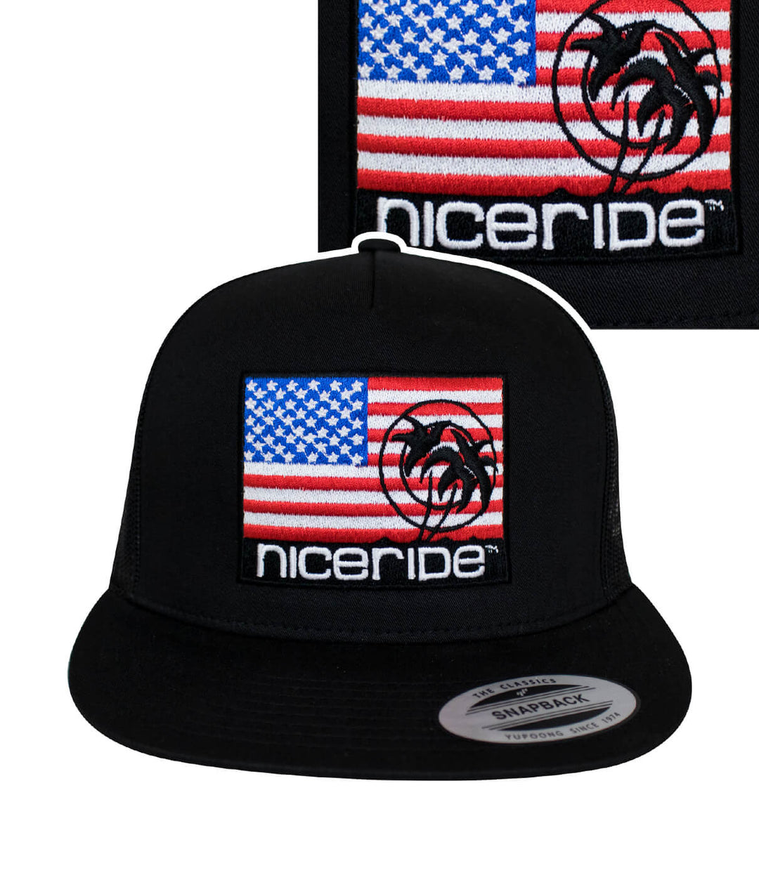 Niceride Pride hat featuring American flag embroidery on front and palm logo on back, classic snapback trucker style.