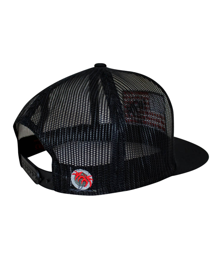 Back view of Niceride Pride Trucker Hat, featuring palm logo, mesh design, and black snapback style hat.