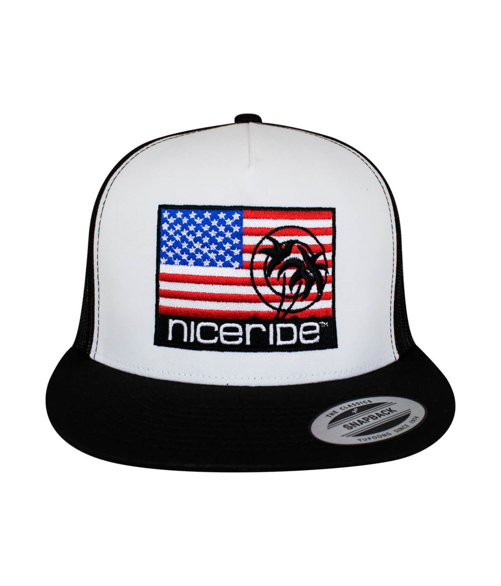 Niceride Pride trucker hat featuring American flag and embroidered logo on a classic snapback design.