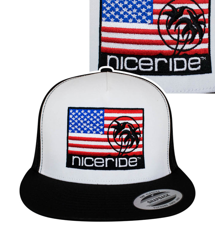 Niceride Pride hat featuring American flag design and classic palm logo embroidered on front and back.