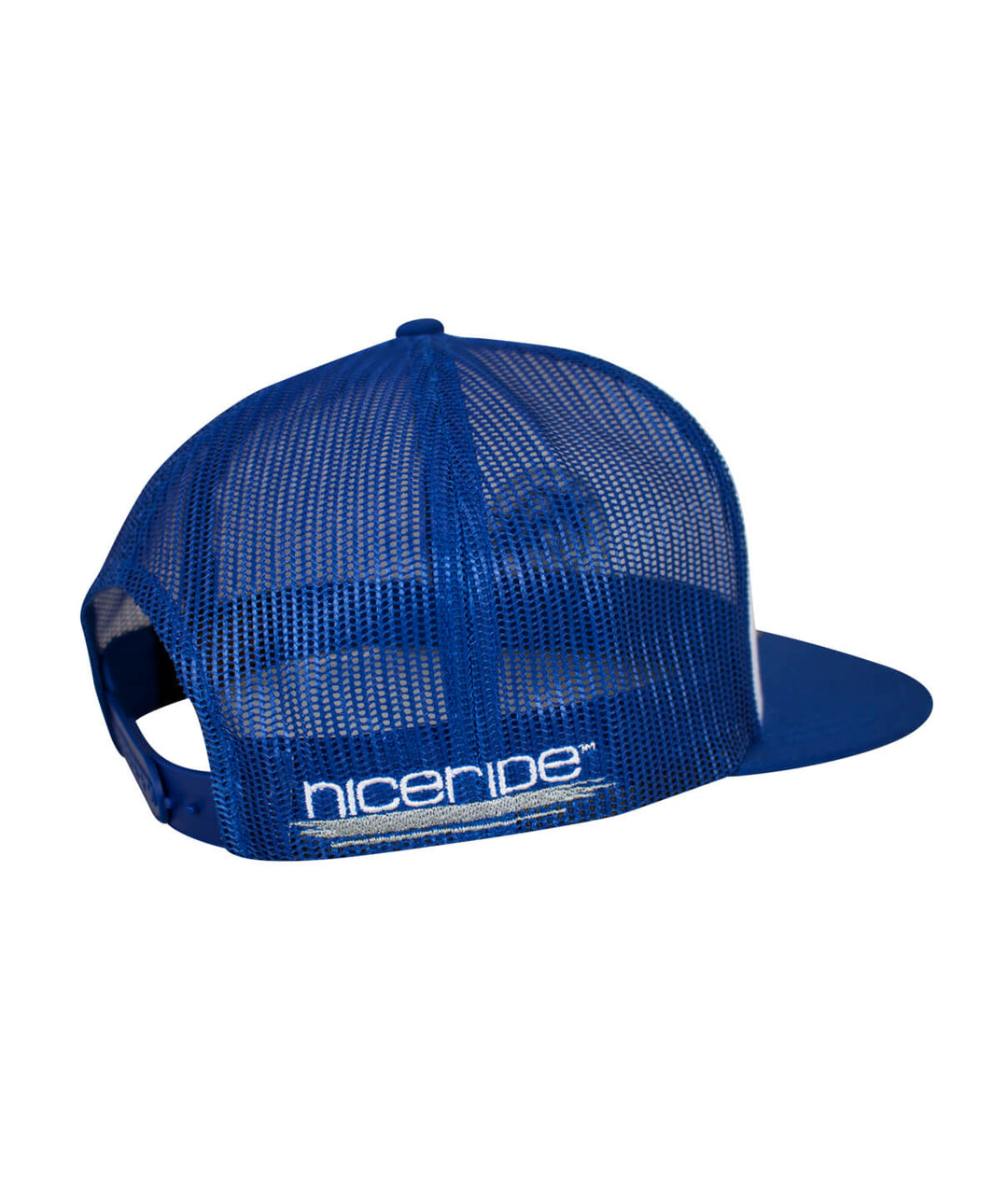Back view of a blue trucker hat featuring NICERIDE logo, perfect for casual outings and outdoor activities.