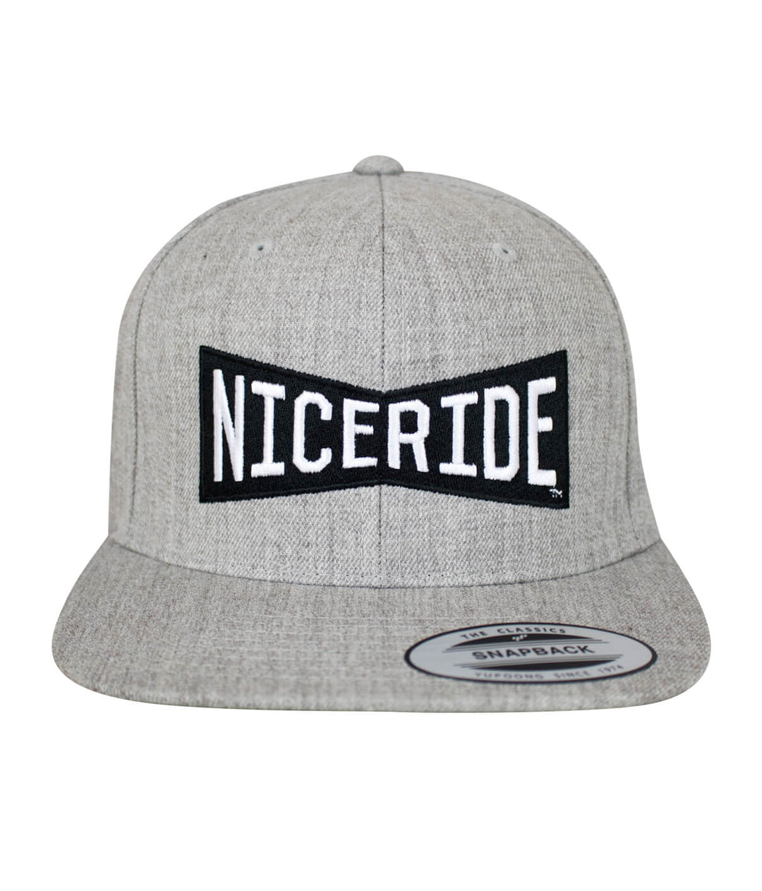 Bow Tie Snapback hat featuring NICERIDE logo embroidered on the front and side. Stylish and classic hat option.