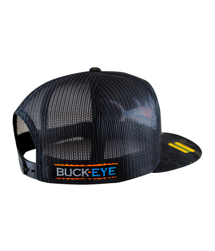 Back view of the "Buck-Eye Explorer" unisex snapback trucker hat showcasing the embroidered logo.