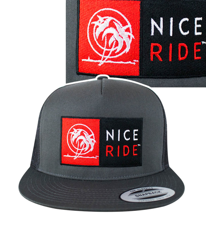 N-R Combo Charcoal Trucker hat with embroidered NICE RIDE design, classic snapback baseball cap, made in the USA.