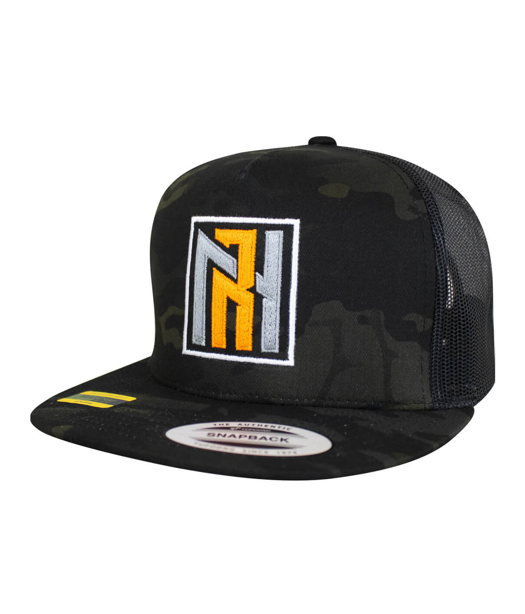 N-R Orange hat with embroidered logo on black camouflage design, a stylish snapback baseball cap.