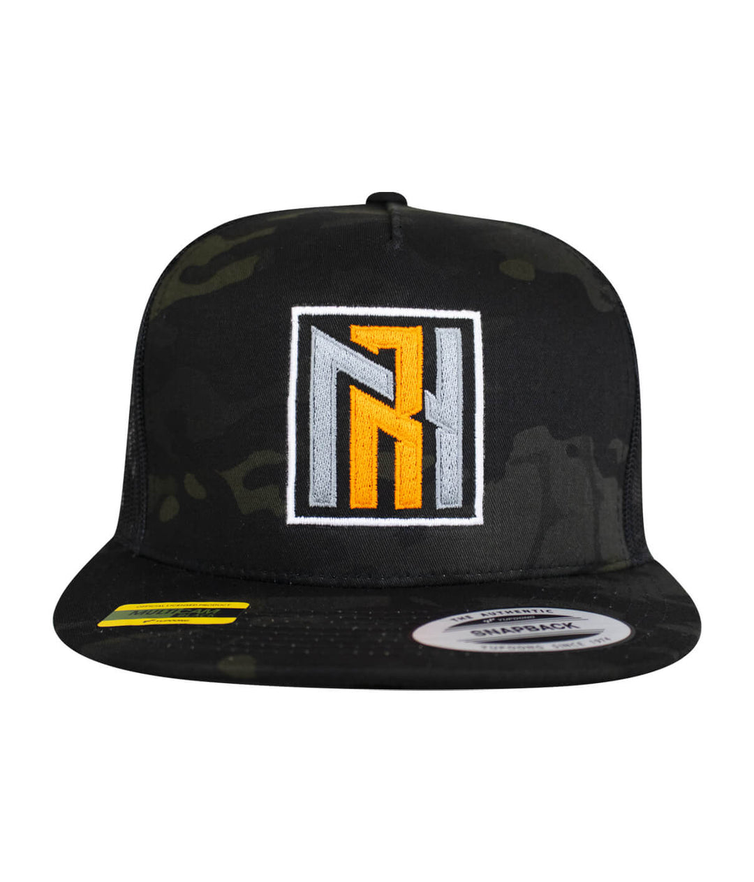 N-R Orange trucker baseball hat featuring NICERIDE logo design on a black camo cap.