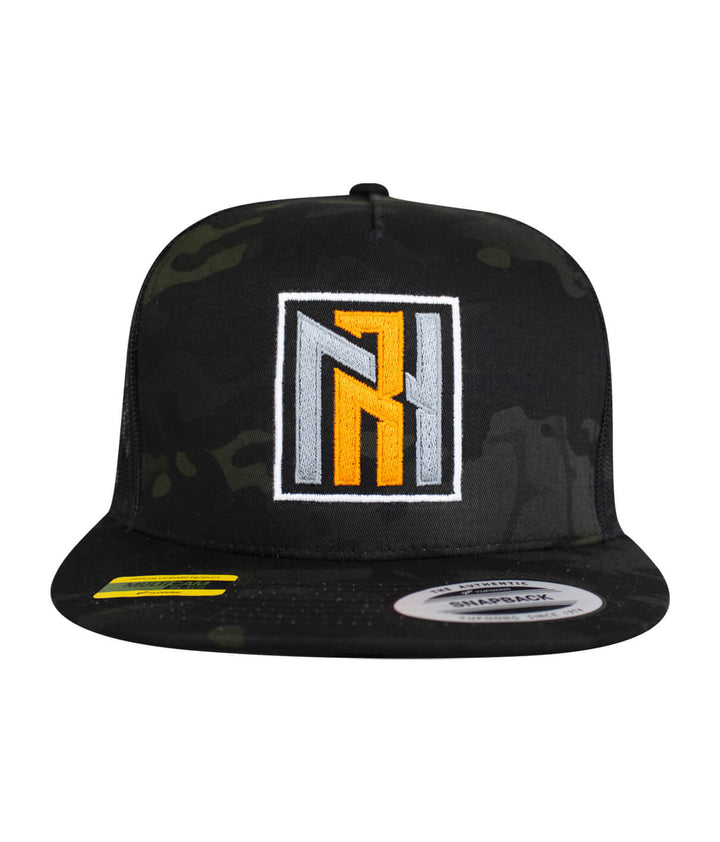 N-R Orange trucker baseball hat featuring NICERIDE logo design on a black camo cap.