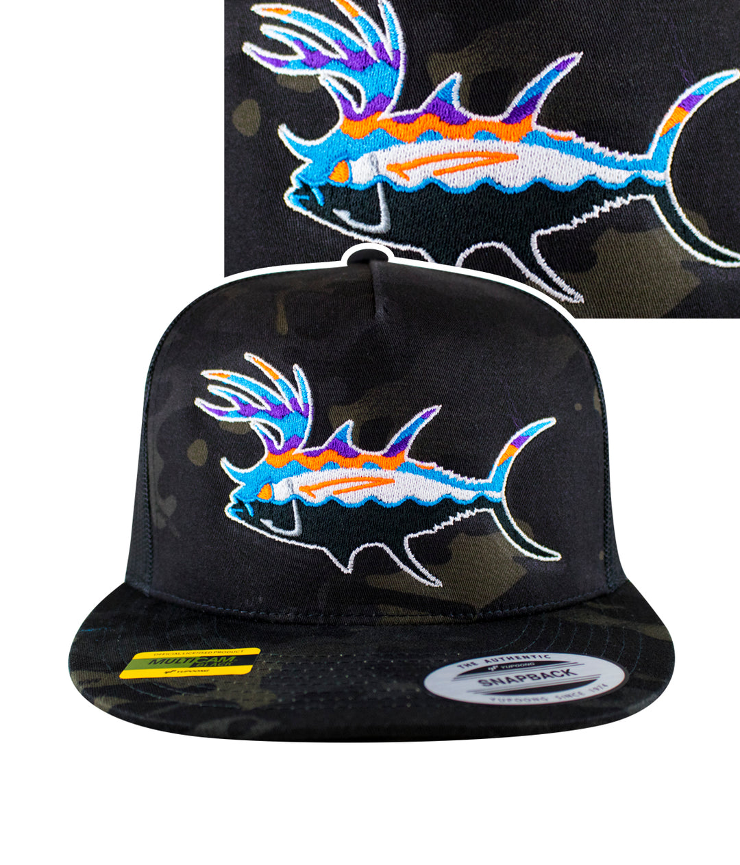 A camouflage trucker hat with a fish logo on it.