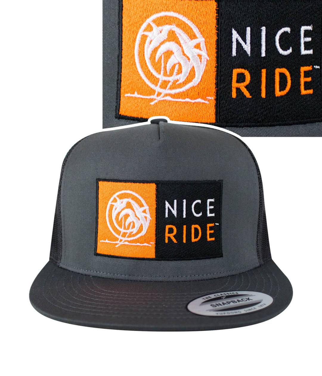 N-R Combo Charcoal Trucker Baseball Hat featuring NICERIDE logo and snapback design, perfect stylish hat.