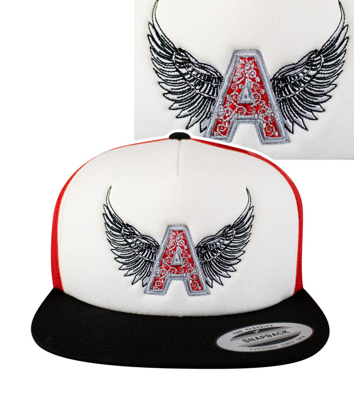 Angel Flatbill Foam Trucker Hat with embroidered wings and &