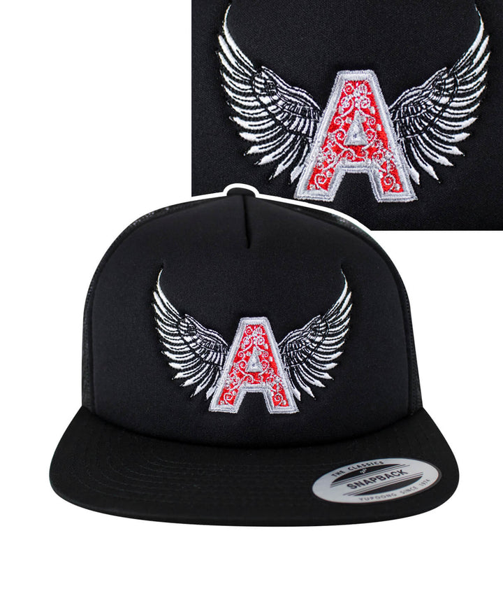 Angel Flatbill Foam Trucker Hat featuring embroidered A with wings design in red and black.