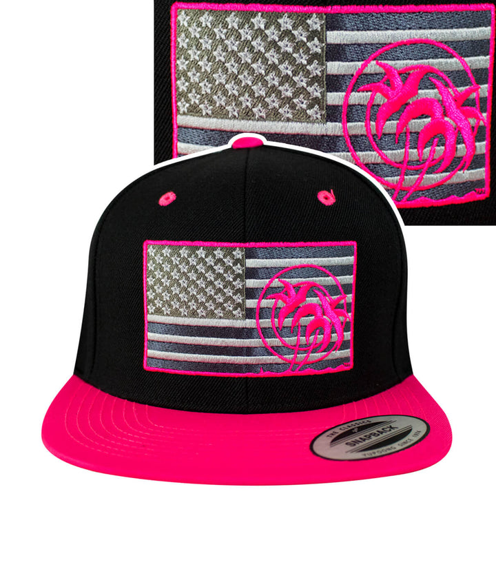 Strong Neon Snapback Hat featuring American flag and NICERIDE logo with pink accents, stylish baseball cap.