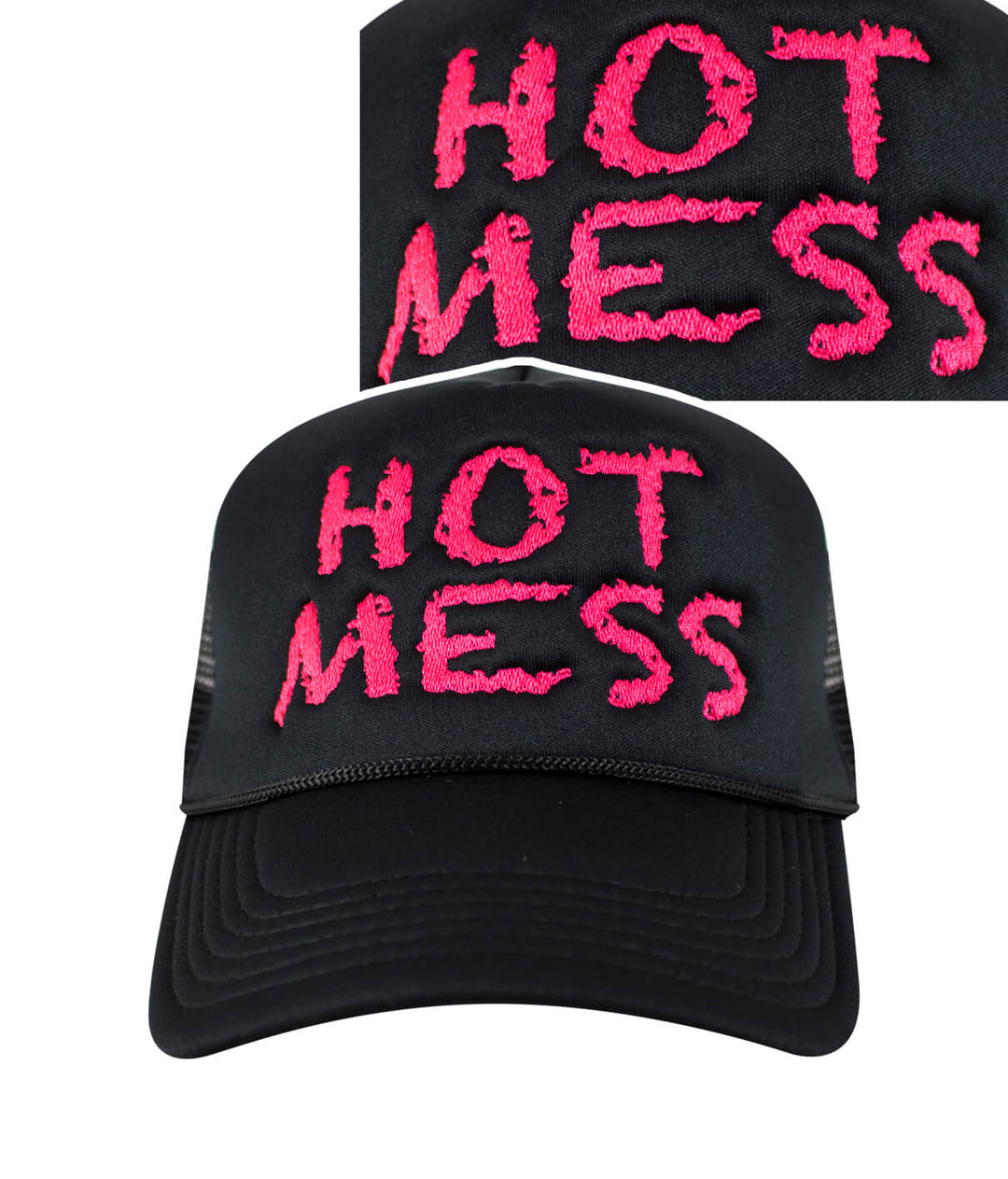 Hot Mess Foam Trucker Hat featuring bold pink embroidery on front panel, designed for style and comfort, perfect hat for casual wear.