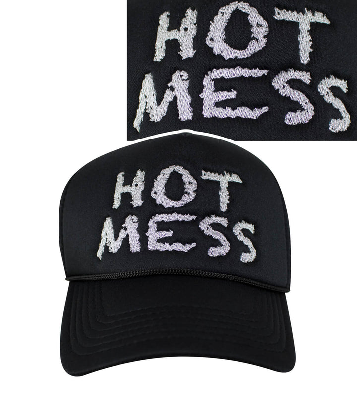 Hot Mess Foam Trucker Hat with embroidered lettering, showcasing a stylish baseball cap design, perfect accessory for fun outings.