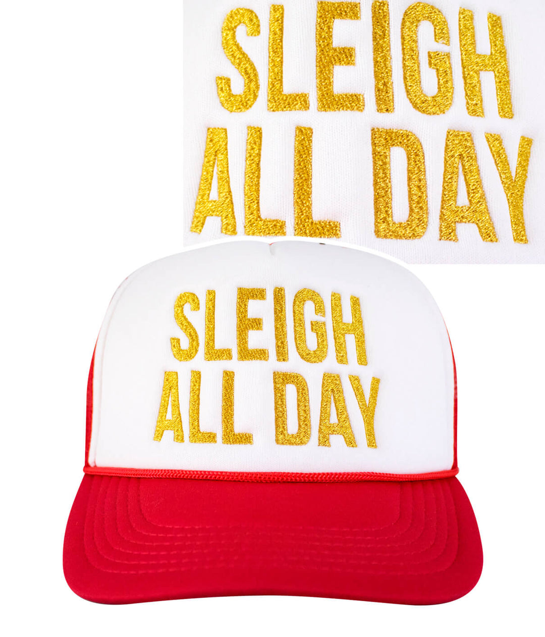 Sleigh All Day Foam Trucker Holiday Hat with gold embroidery on a red and white cap.
