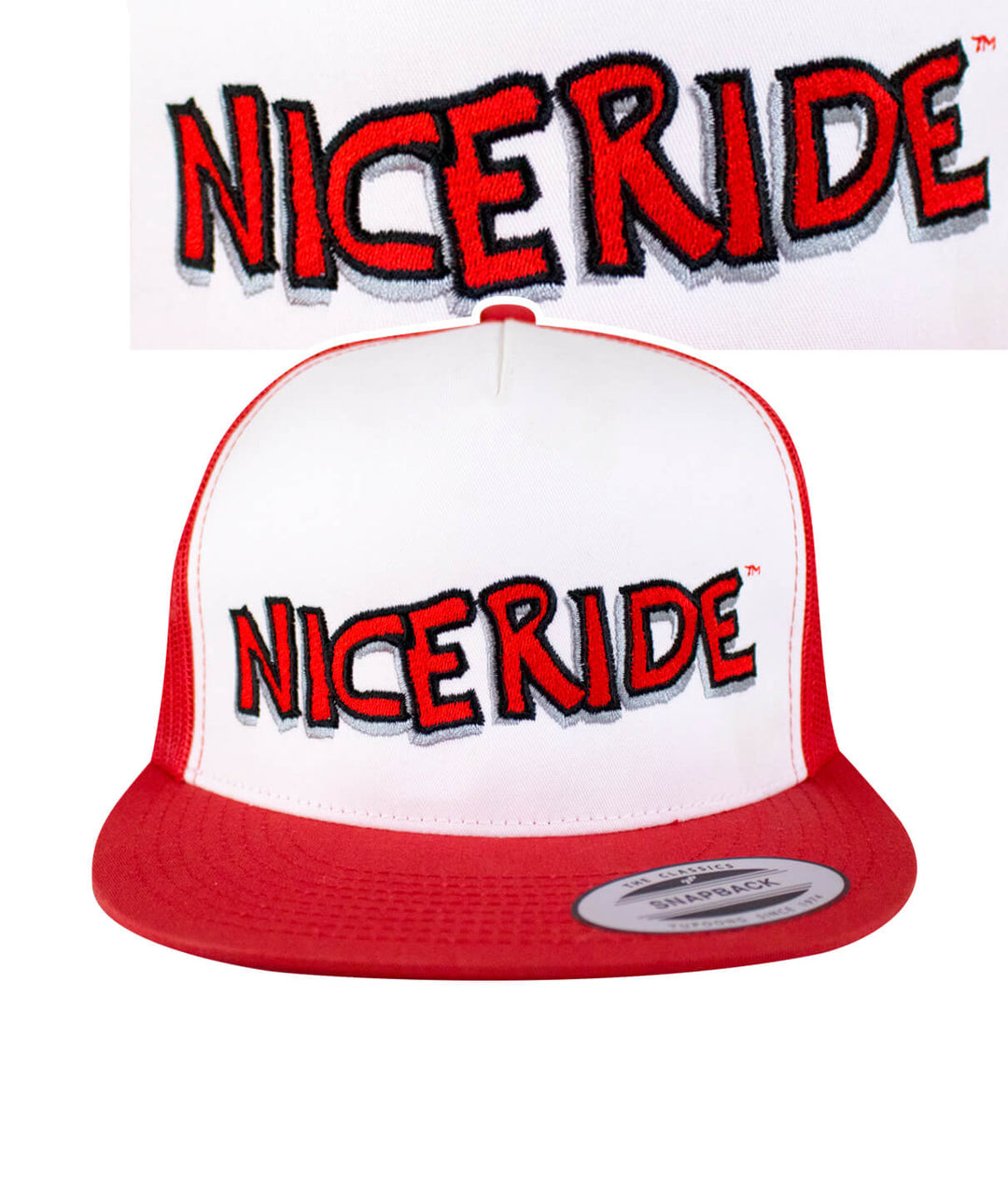 Nicely embroidered NICERIDE logo on a red and white Trucker hat, perfect accessory for casual outfits, featuring the focus keyword: hat.