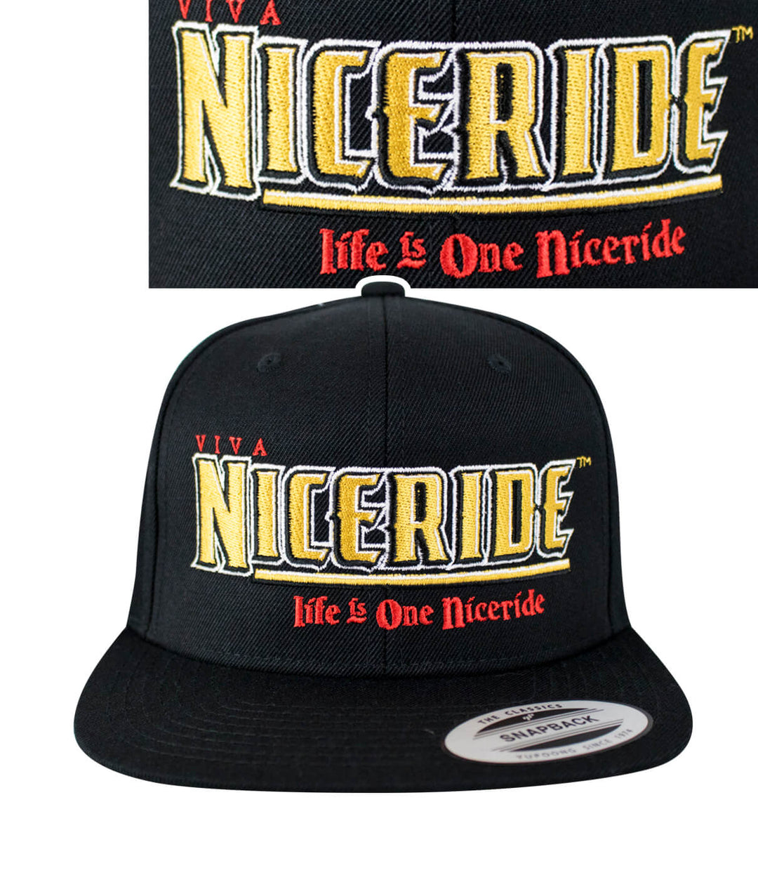 Viva NICERIDE Snapback hat with embroidered logo and slogan, designed and shipped in the USA.