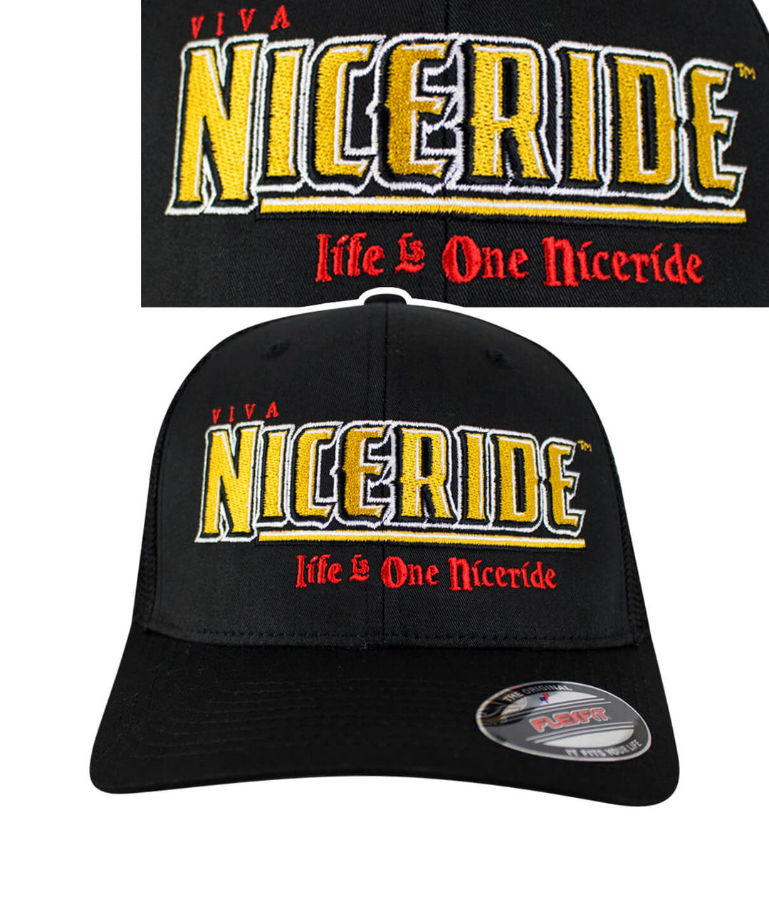 Viva NICERIDE Meshback Flexfit Hat featuring embroidered design and palm logo, perfect for stylish headwear.