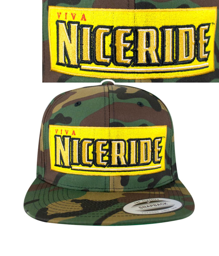 Viva Life Snapback hat featuring NICERIDE logo in yellow on a camo pattern design.