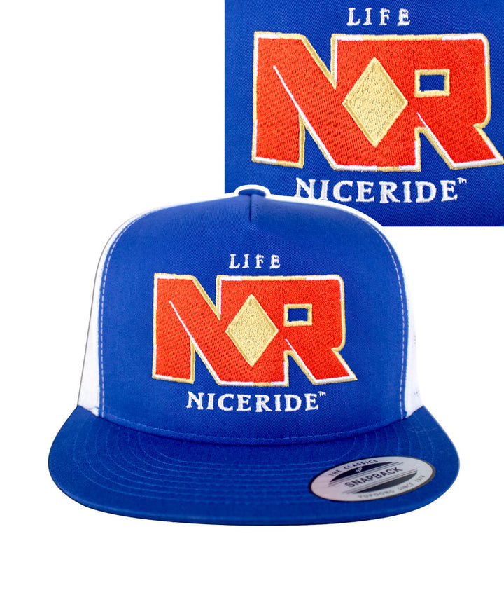 NICERIDE blue trucker hat featuring embroidered logo and classic design for style enthusiasts. Hat for casual wear.