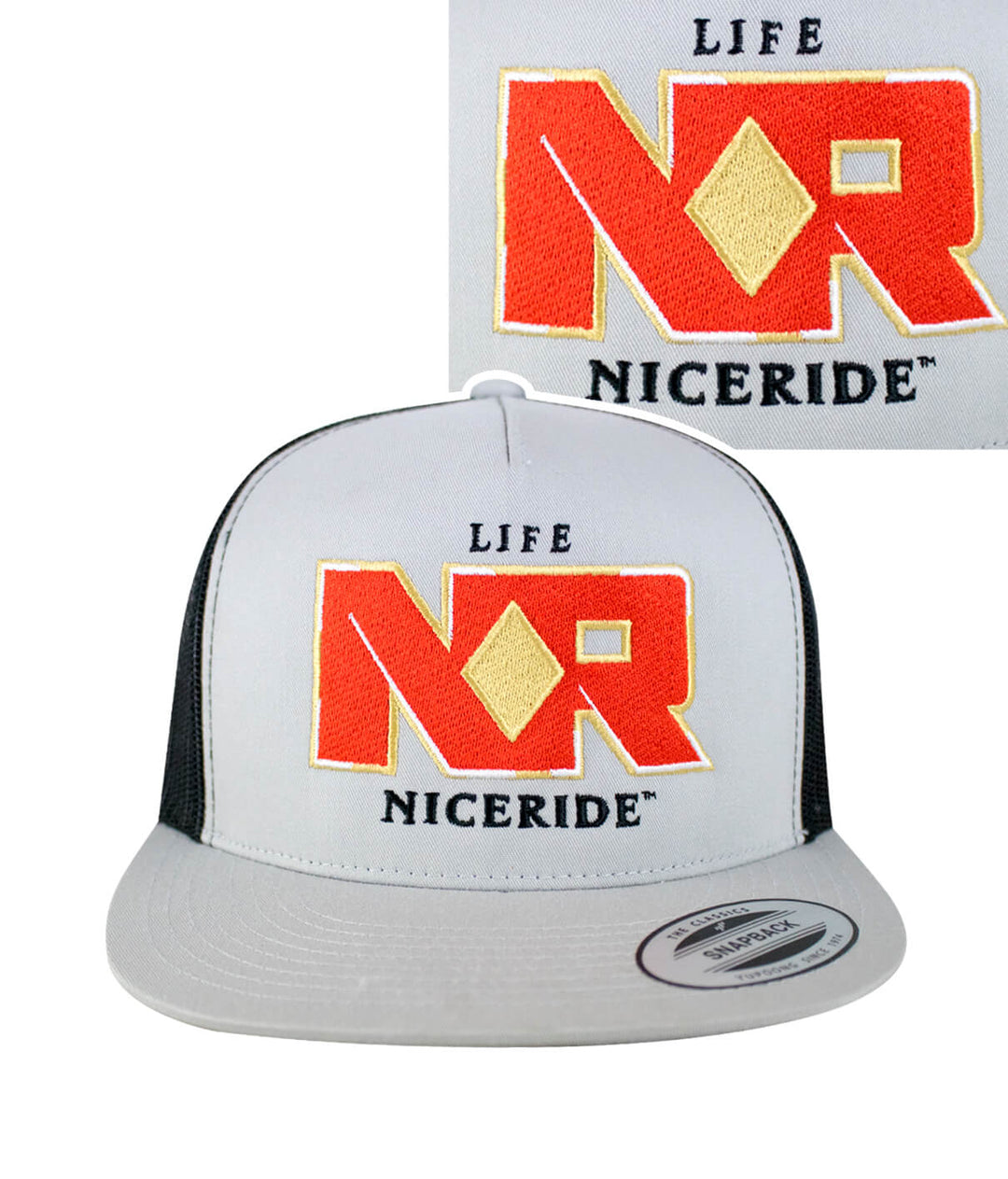 NICERIDE hat featuring a classic embroidered design in red and yellow on a gray snapback trucker style.