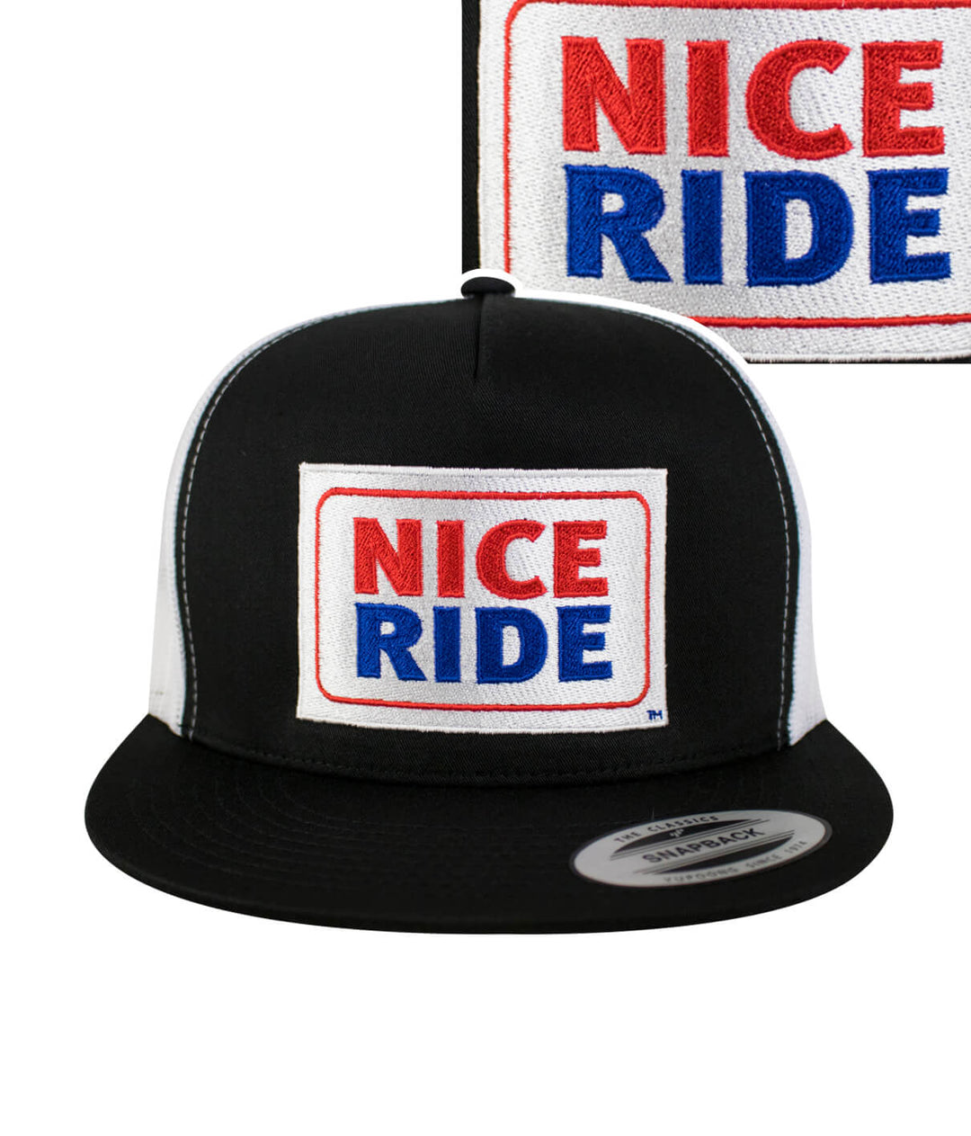 Classic black and white trucker hat with embroidered "NICE RIDE" logo, perfect stylish hat for casual wear.