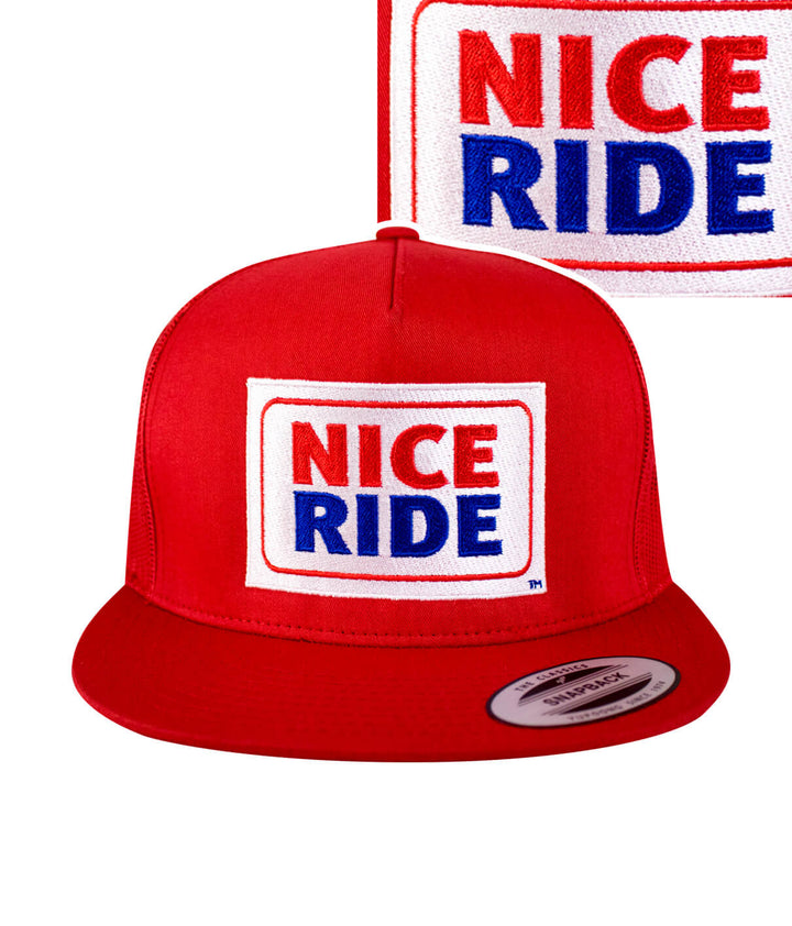 Red trucker hat with NICERIDE logo embroidered on front, ideal for casual wear.