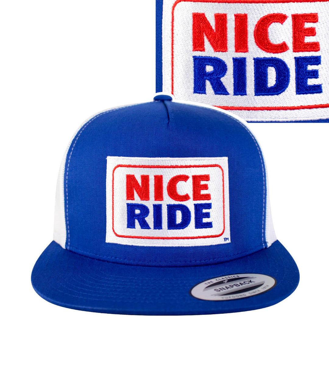Blue and white trucker hat featuring embroidered NICE RIDE logo on the front, ideal summer hat for outdoor activities.