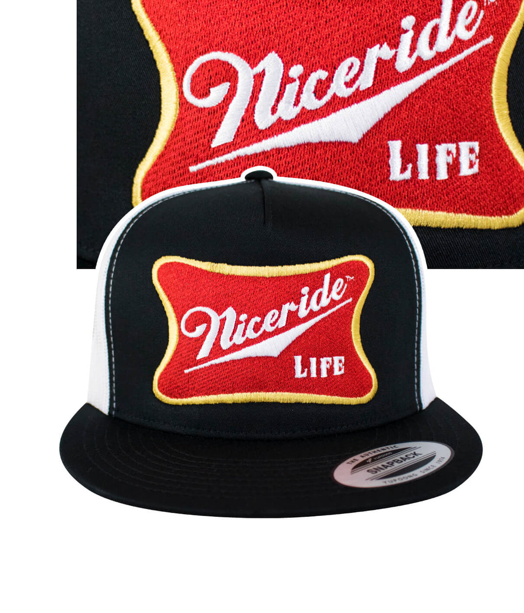 Biscuit Trucker Hat featuring NICERIDE logo embroidered on front panel, a stylish hat for outdoor activities.