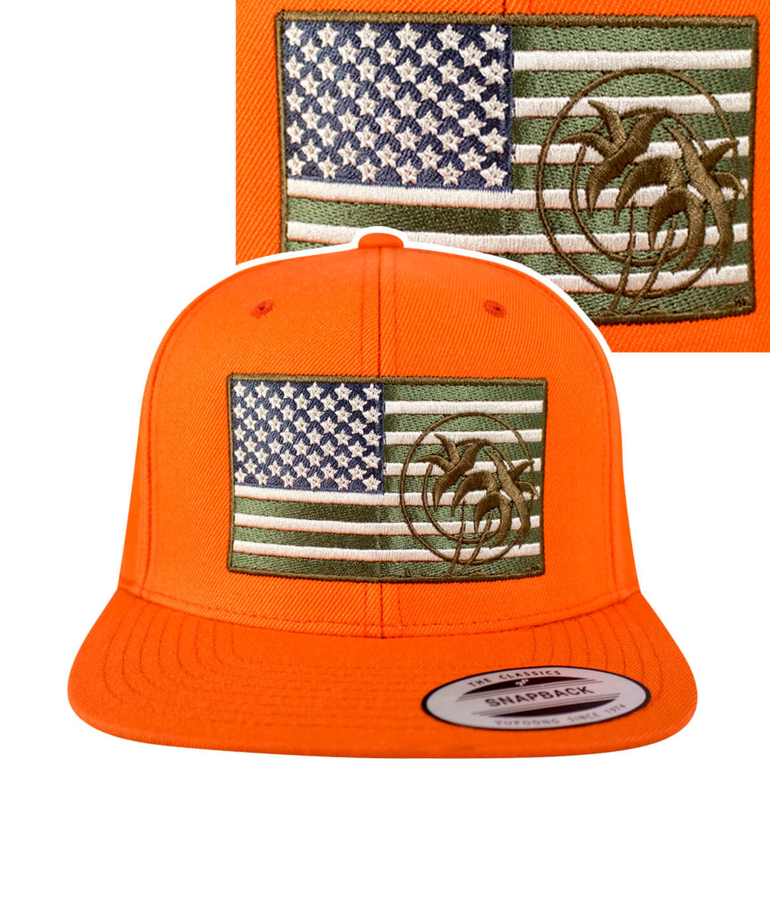 Strong Camo Orange Snapback Hat with American flag and NICERIDE logo embroidered on the front.