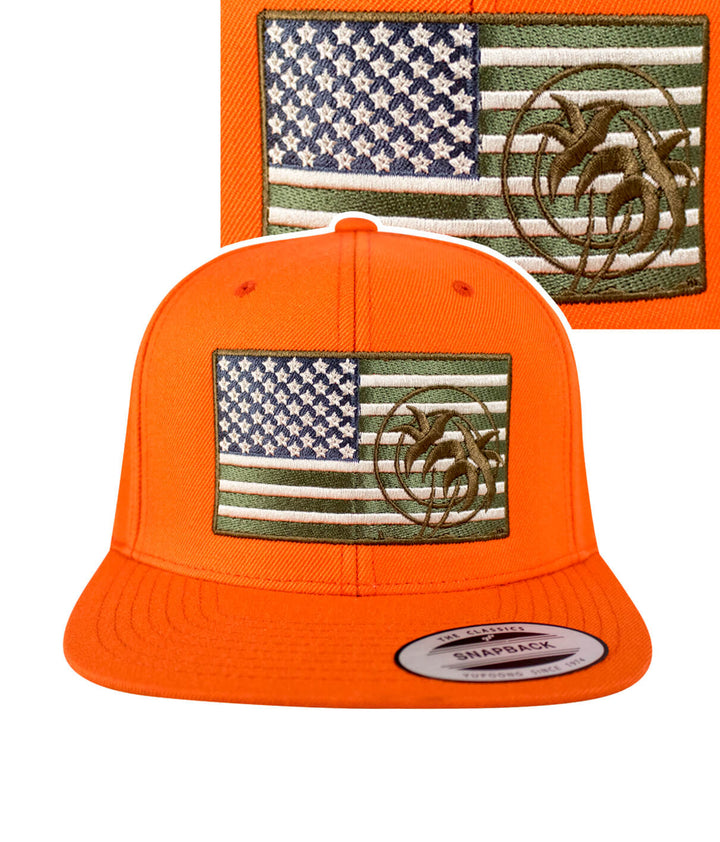 Strong Camo Orange Snapback Hat with American flag and NICERIDE logo embroidered on the front.