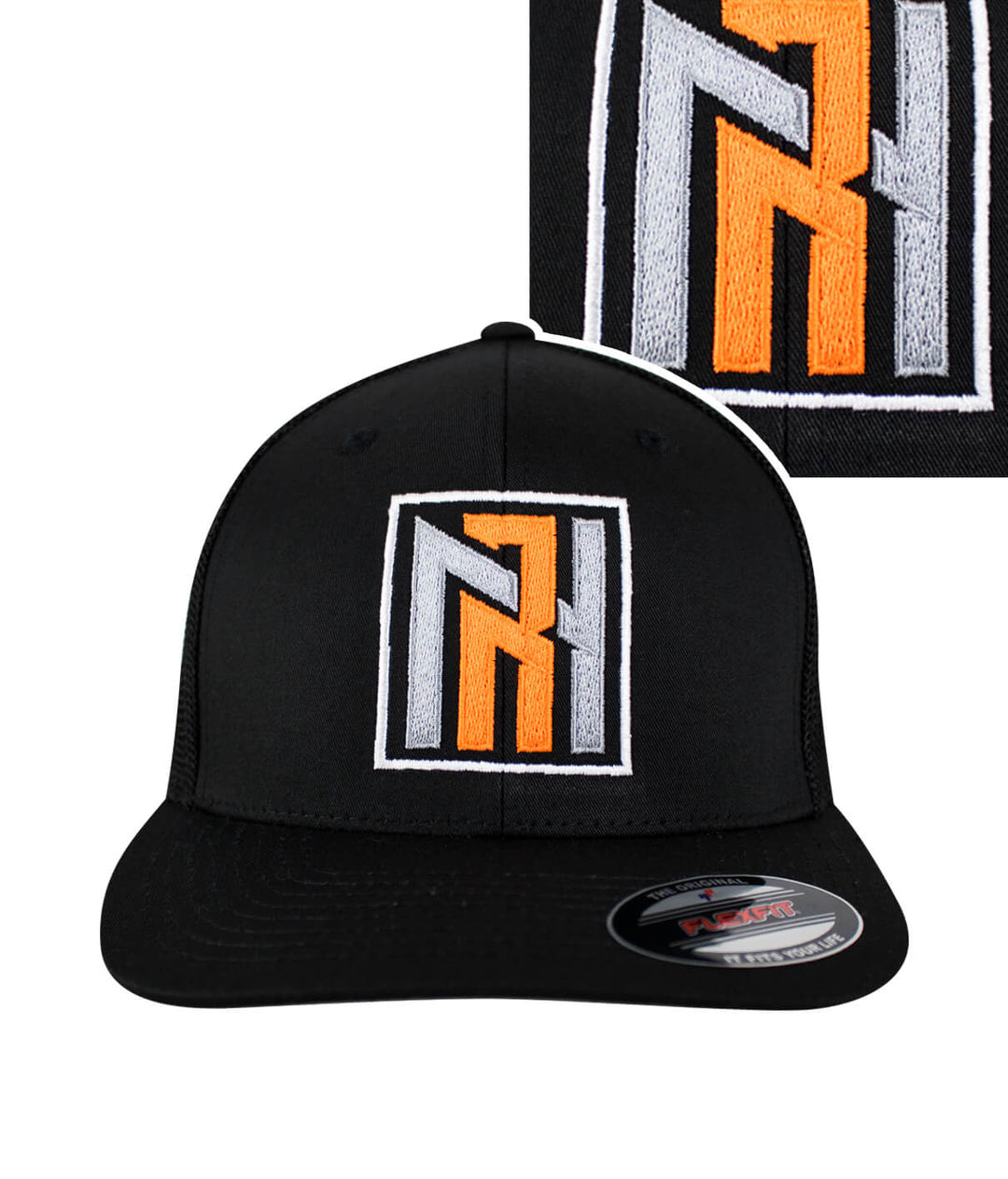 N-R Orange Meshback Flexfit Hat with embroidered logo, showcasing a stylish and modern design for a baseball cap.