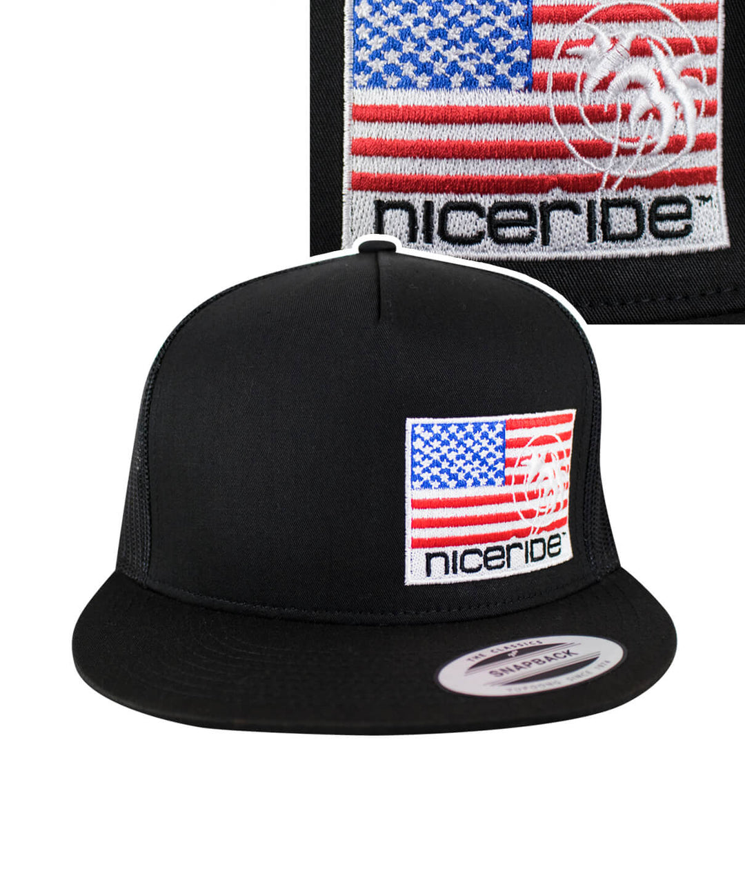NICERIDE PRIDE hat featuring American flag and embroidered palm logo on a black trucker cap.