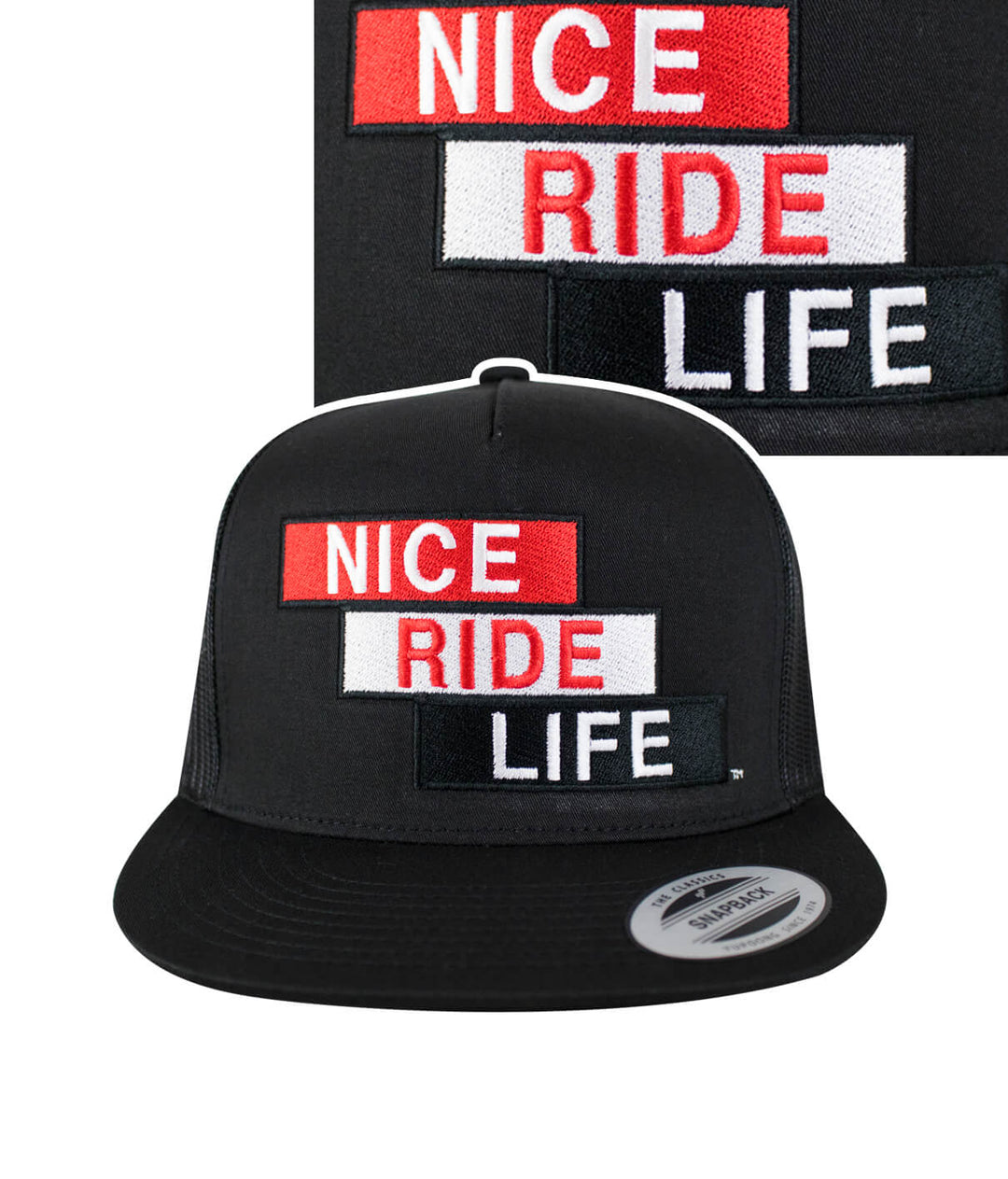 Stepping Up Trucker Hat featuring embroidered NICE RIDE LIFE design, a stylish hat for casual wear.