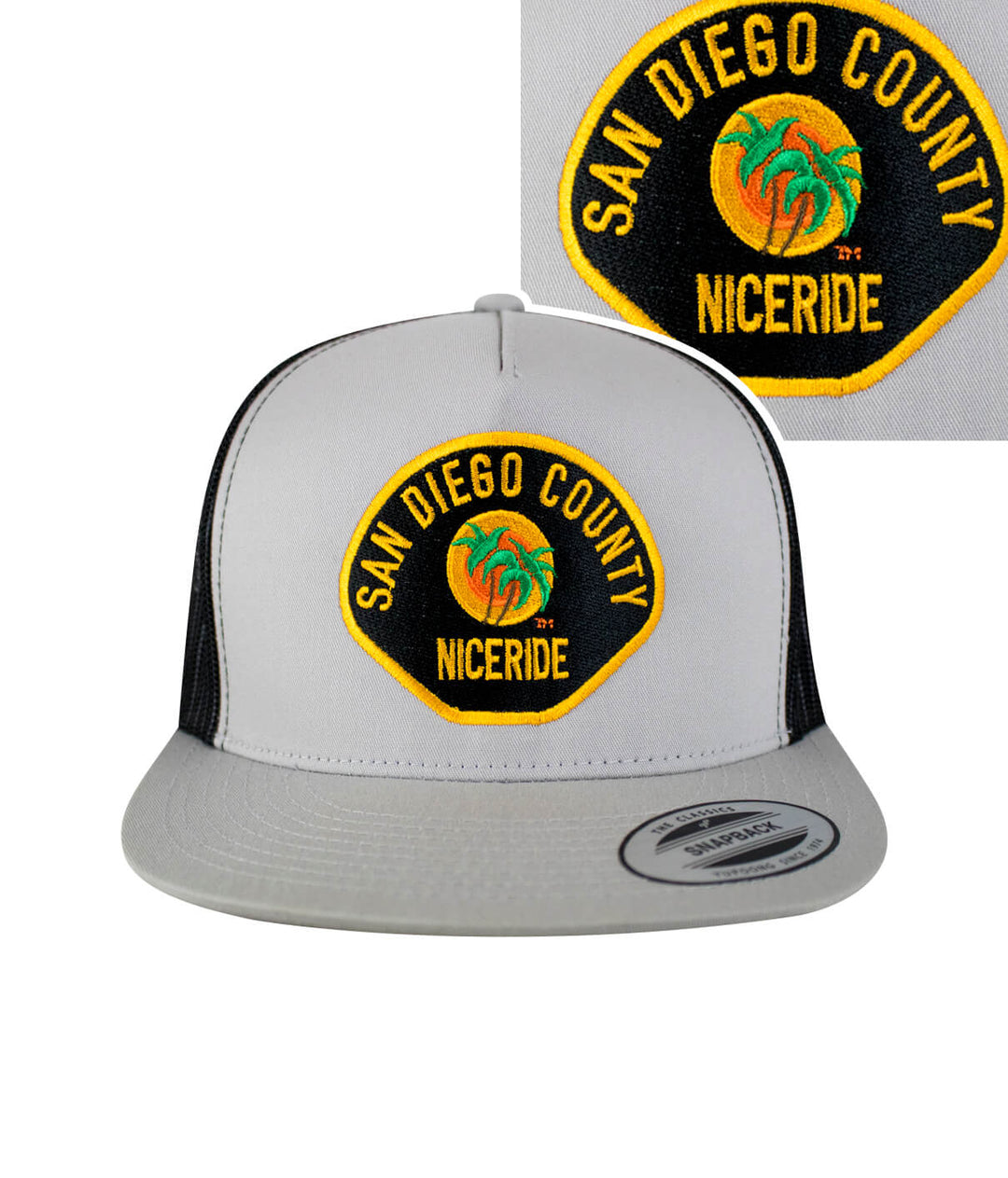 The Badge hat featuring San Diego County NICERIDE design, front view of stylish trucker cap.