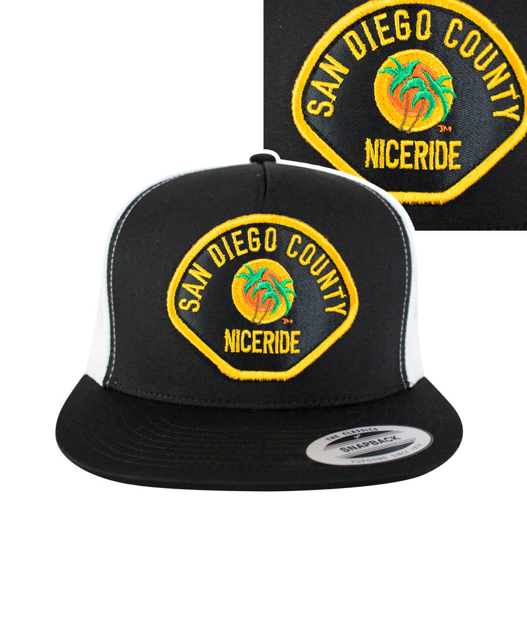 Black trucker hat with NICERIDE logo and San Diego County embroidery on the front panel, ideal hat for style.