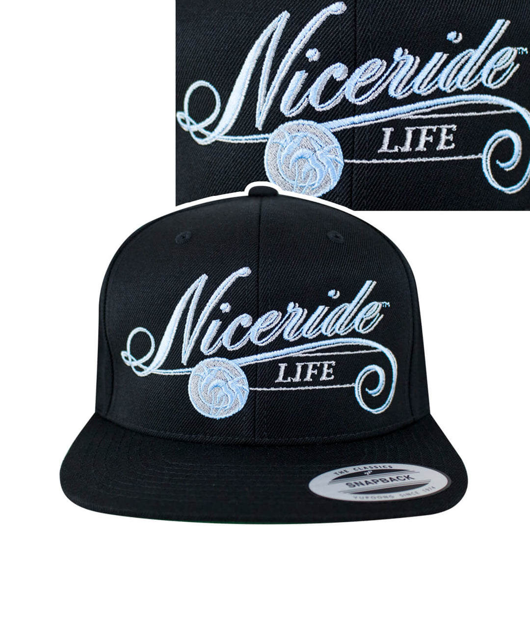 The Life Snapback Hat by NICERIDE with embroidered logo on the front panel, designed baseball cap, stylish hat.