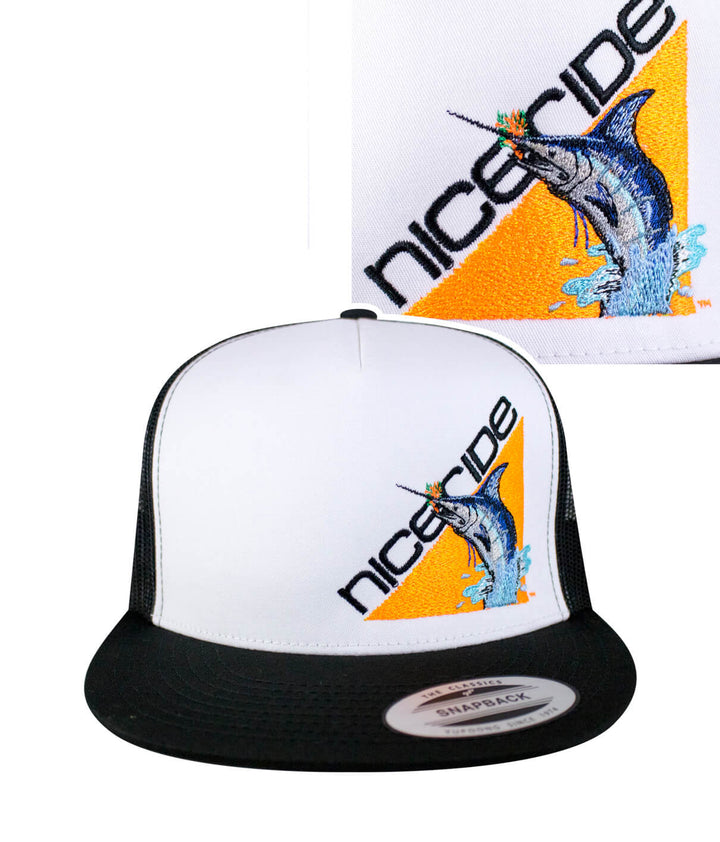 Fin, Set, Sail hat with NICERIDE design, embroidered on classic trucker cap, showcasing marine-themed artwork.
