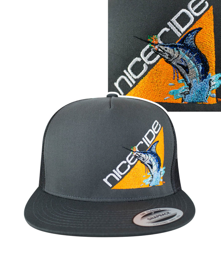 Fin, Set, Sail Trucker Hat featuring NICERIDE logo and marlin embroidery, perfect summer hat for outdoor activities.