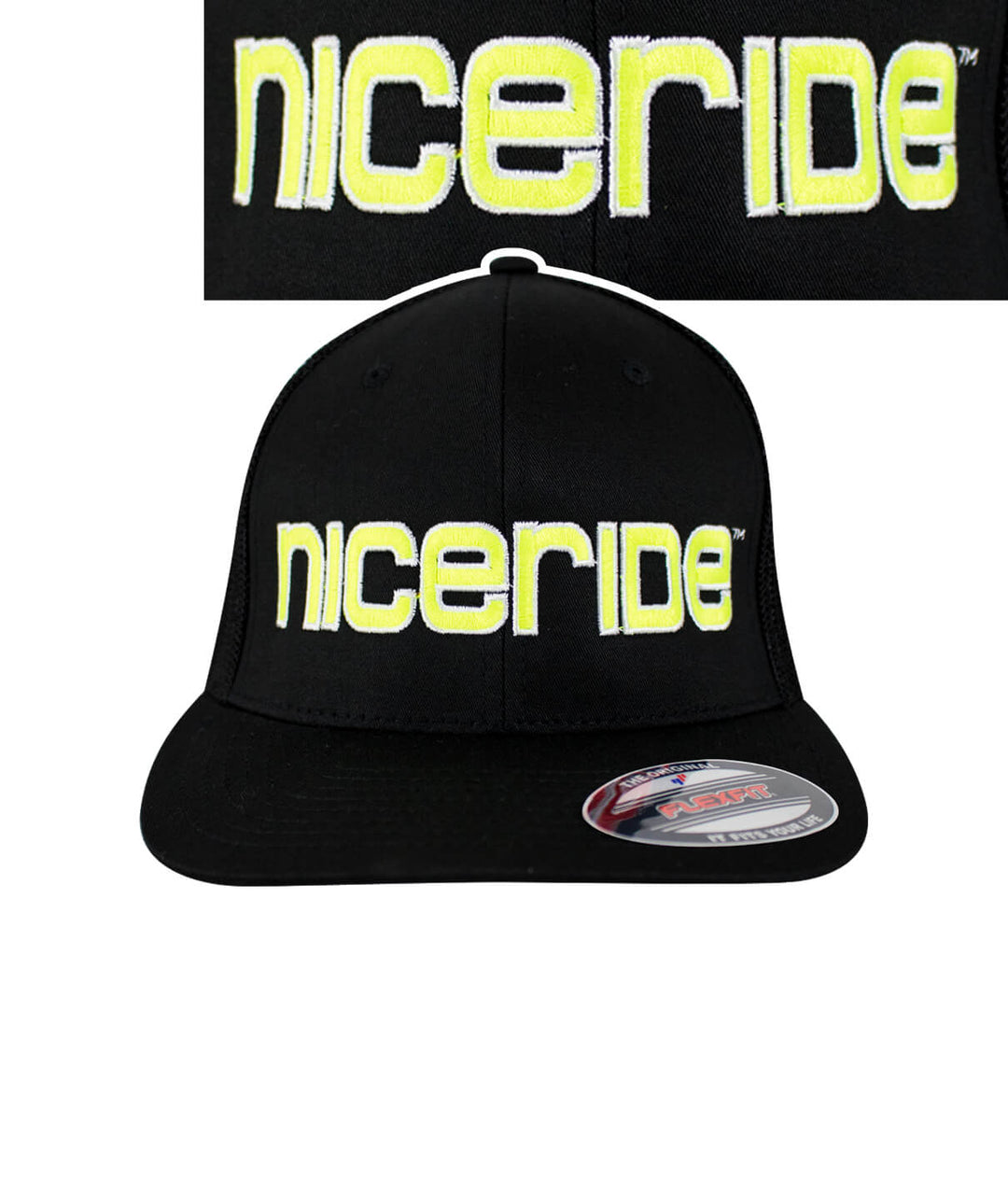 Black meshback Flexfit hat with NICERIDE logo, stylish baseball cap ideal for casual wear.