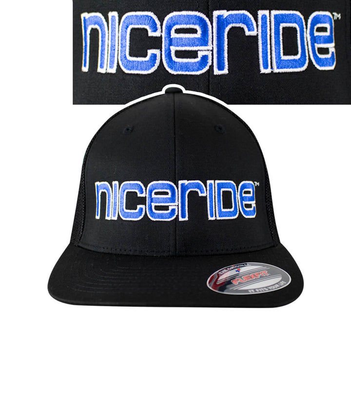Black meshback Flexfit hat with NICERIDE logo, perfect for stylish headwear.