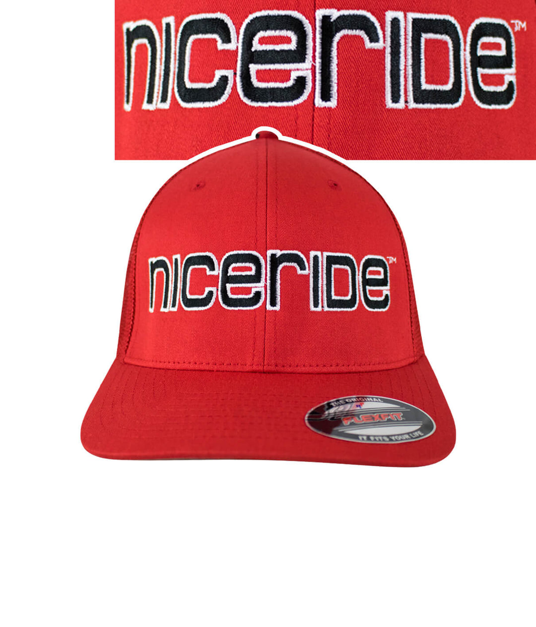 Bold Tower Meshback Flexfit Hat featuring NICERIDE logo, red baseball cap with mesh back.