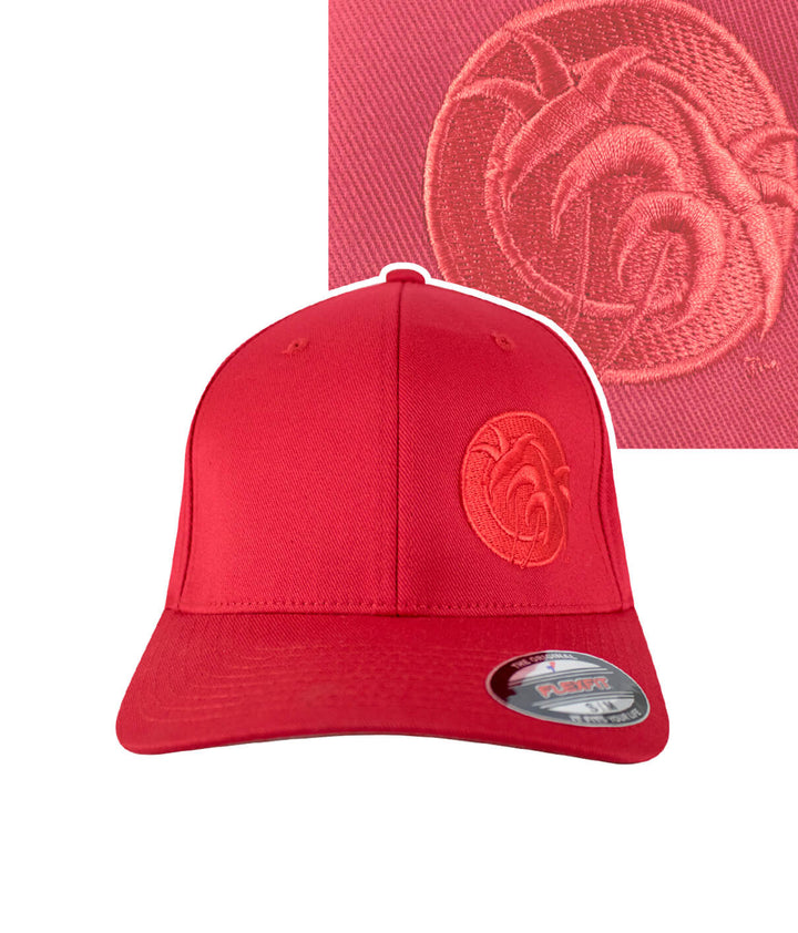 Red Flexfit hat featuring embroidered logo design, perfect for casual wear and outdoor activities.