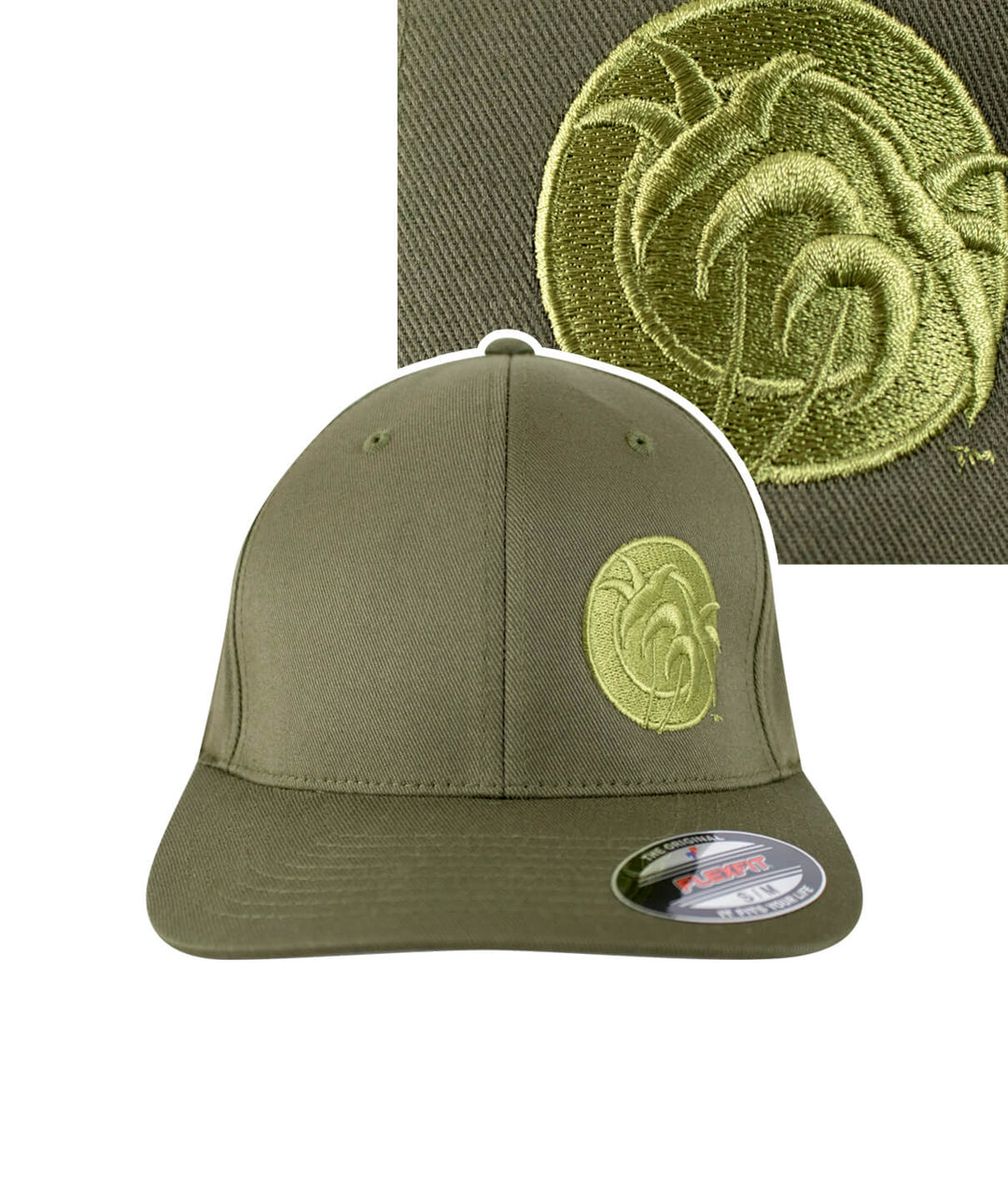 Tone Classic Flexfit Hat in olive green with embroidered palm logo on front and matching thread details.
