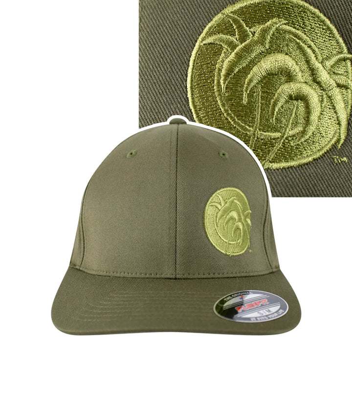 Tone Classic Flexfit Hat in olive green with embroidered palm logo on front and matching thread details.