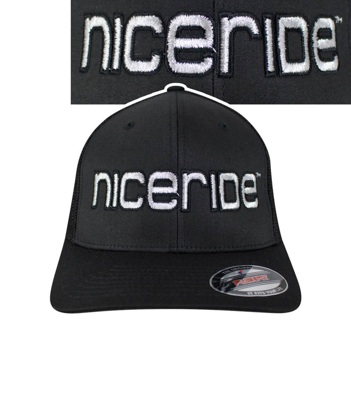 Bold Tower black meshback flexfit hat featuring NICERIDE logo on the front and classic palm logo on the back.