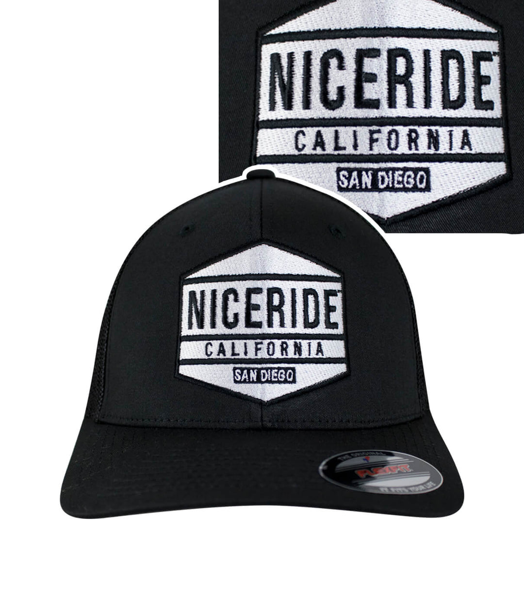 Black NICERIDE California baseball cap featuring embroidered logo, perfect hat for casual wear.
