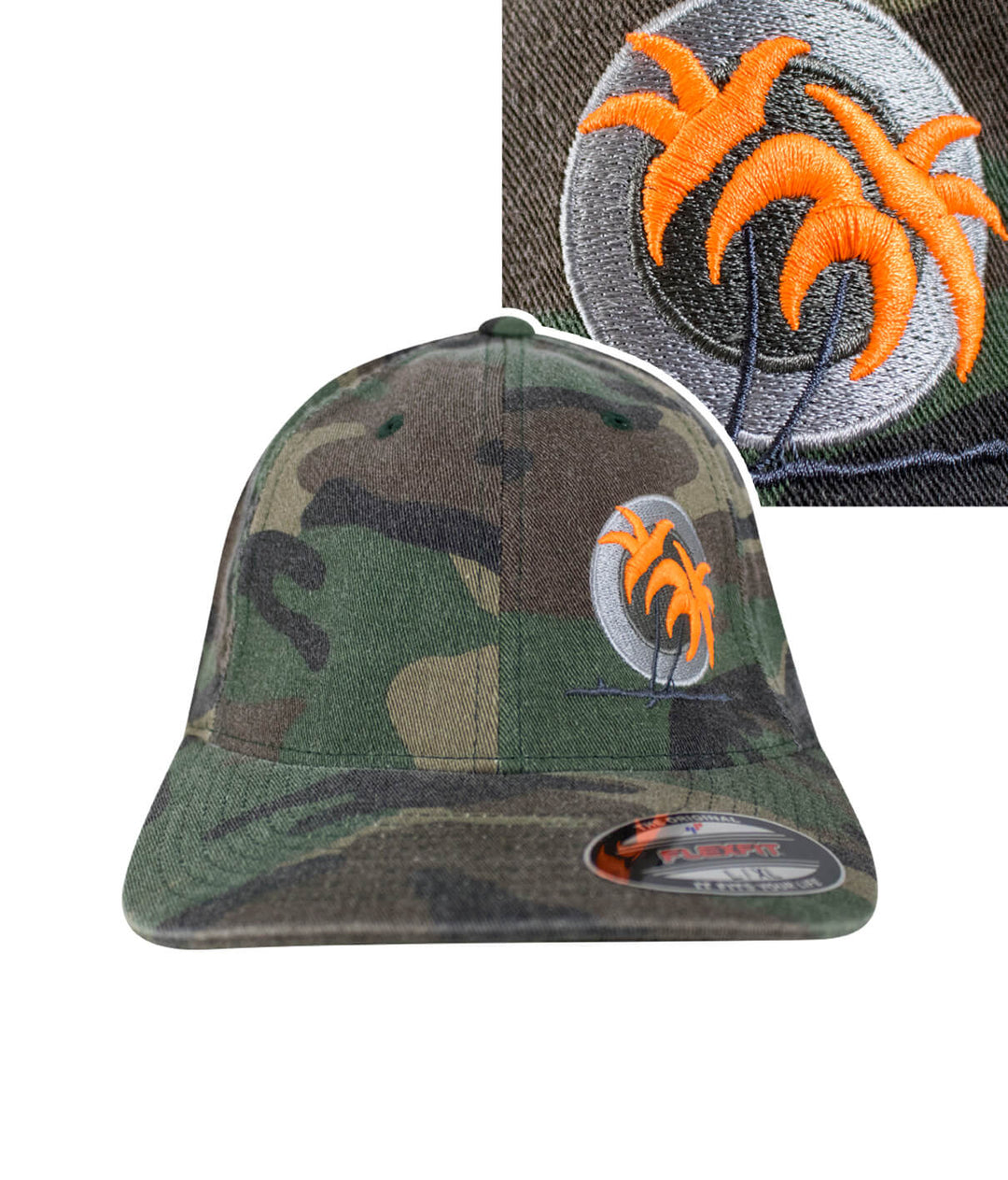 Opening Day Classic Flexfit Hat with embroidered palm logo in orange on a camouflage background.