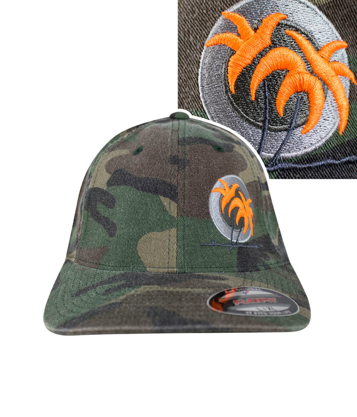 Opening Day Classic Flexfit Hat with embroidered palm logo in orange on a camouflage background.