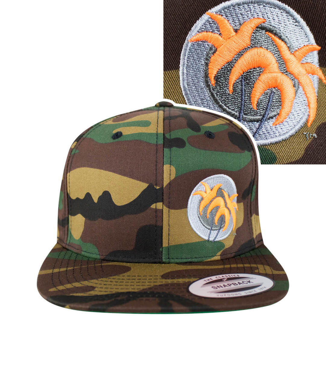 Opening Day camouflage snapback hat featuring NICERIDE's Classic Palm Logo in orange on front panel.